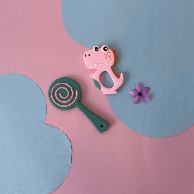 Dinosaur and candy shpe silicone baby teether - pack of 2