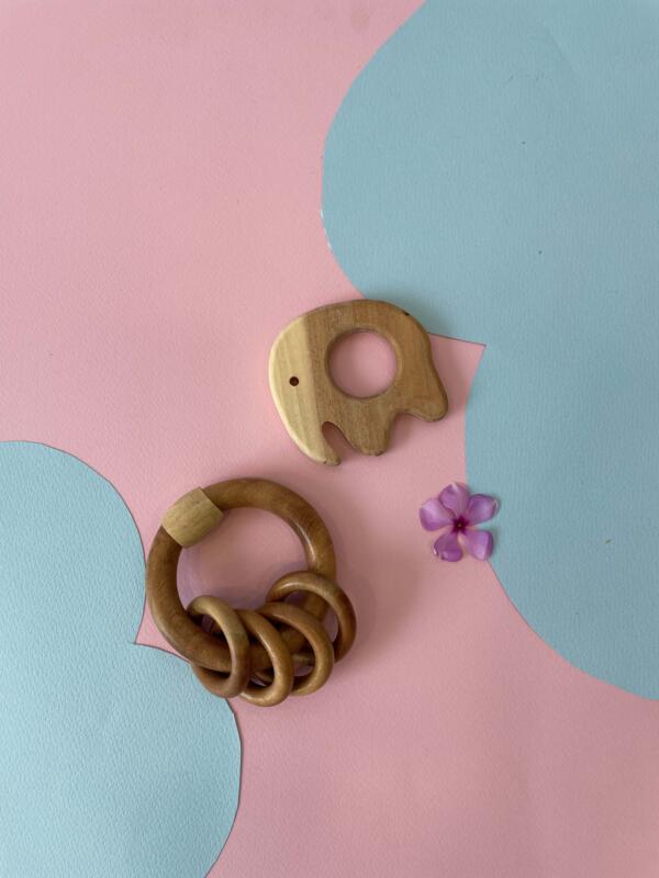 Natural Wooden Teether Set – elephant & Rattle Rings - pack of 2