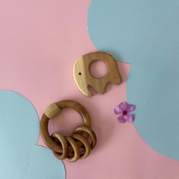 Natural Wooden Teether Set – elephant & Rattle Rings - pack of 2
