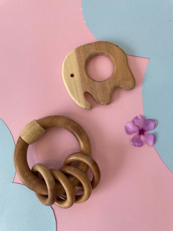 Natural Wooden Teether Set – elephant & Rattle Rings - pack of 2 - Image 2