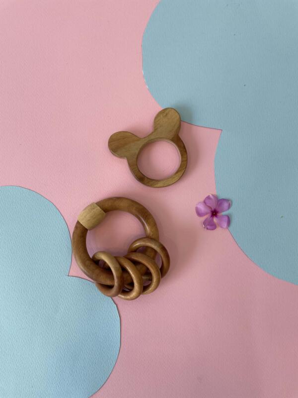 Natural Wooden Teether Set – Bear & Rattle Rings - pack of 2 - Image 3