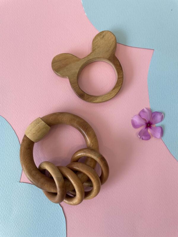 Natural Wooden Teether Set – Bear & Rattle Rings - pack of 2