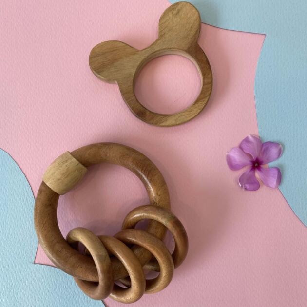 Natural Wooden Teether Set – Bear & Rattle Rings - pack of 2