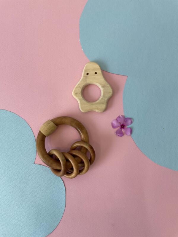 Natural Wooden Teether Set – star & Rattle Rings - pack of 2