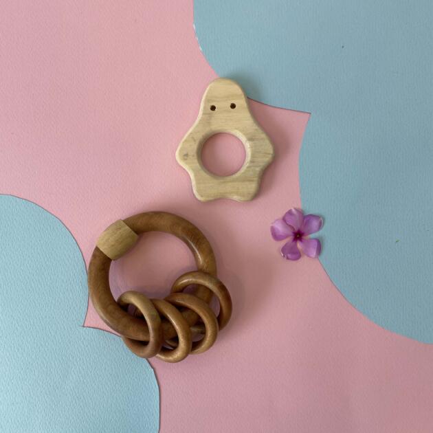 Natural Wooden Teether Set – star & Rattle Rings - pack of 2