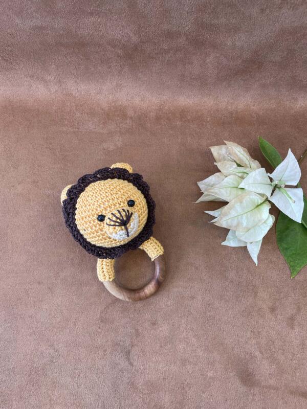 Handcrafted crochet lion and wooden ring  baby rattle