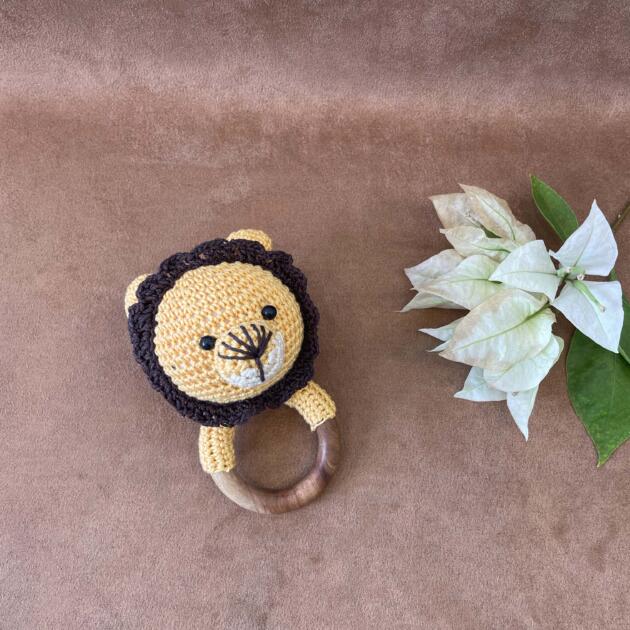 Handcrafted crochet lion and wooden ring  baby rattle
