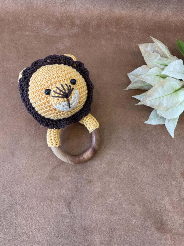Handcrafted crochet lion and wooden ring  baby rattle - Image 2