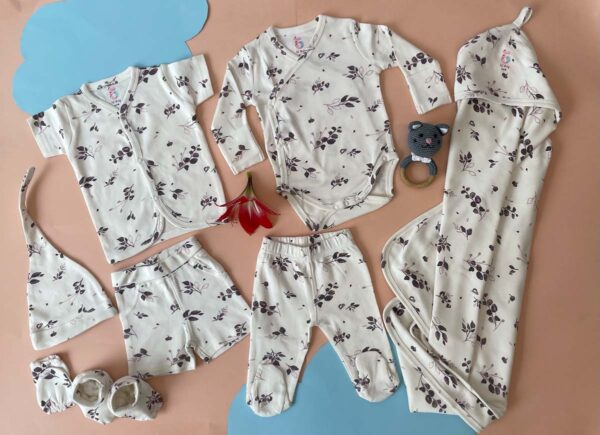 Baby gift set pack of 8 includes-1 full sleeve bodysuit 1 half-sleeve shirt1 pair of full-length pants1 shorts1 beanie cap                          1 pair of mitten1 pair of booties1 swaddle blanket - Image 27