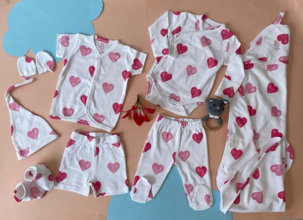 Baby gift set pack of 8 includes-1 full sleeve bodysuit 1 half-sleeve shirt1 pair of full-length pants1 shorts1 beanie cap                          1 pair of mitten1 pair of booties1 swaddle blanket - Image 21