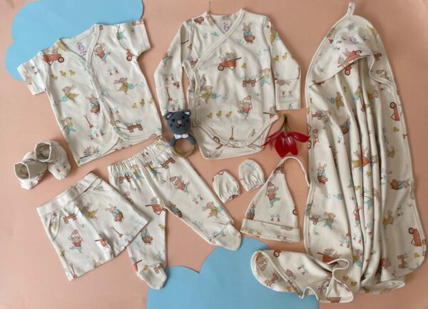 Baby gift set pack of 8 includes-1 full sleeve bodysuit 1 half-sleeve shirt1 pair of full-length pants1 shorts1 beanie cap                          1 pair of mitten1 pair of booties1 swaddle blanket - Image 14