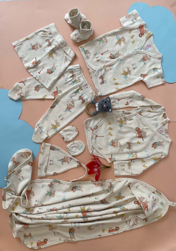 Baby gift set pack of 8 includes-1 full sleeve bodysuit 1 half-sleeve shirt1 pair of full-length pants1 shorts1 beanie cap                          1 pair of mitten1 pair of booties1 swaddle blanket - Image 13