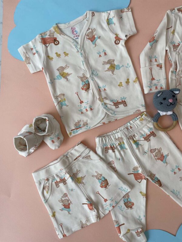 Baby gift set pack of 8 includes-1 full sleeve bodysuit 1 half-sleeve shirt1 pair of full-length pants1 shorts1 beanie cap                          1 pair of mitten1 pair of booties1 swaddle blanket - Image 12