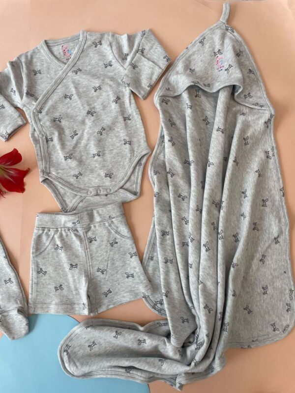 Baby gift set pack of 8 includes-1 full sleeve bodysuit 1 half-sleeve shirt1 pair of full-length pants1 shorts1 beanie cap                          1 pair of mitten1 pair of booties1 swaddle blanket