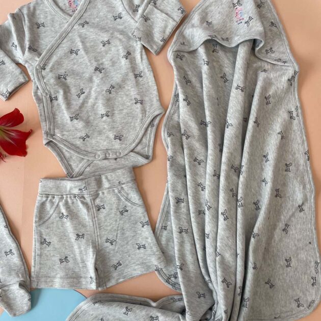 Baby gift set pack of 8 includes-1 full sleeve bodysuit 1 half-sleeve shirt1 pair of full-length pants1 shorts1 beanie cap                          1 pair of mitten1 pair of booties1 swaddle blanket