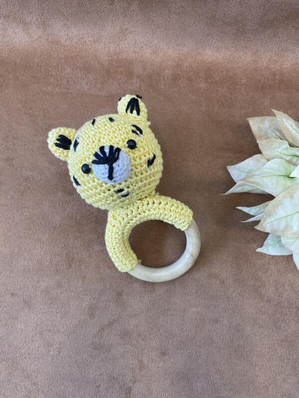 Toffee Tigger Crochet & Wooden Baby Rattle – Handmade Infant Toy