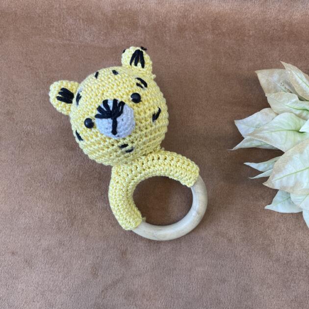 Toffee Tigger Crochet & Wooden Baby Rattle – Handmade Infant Toy