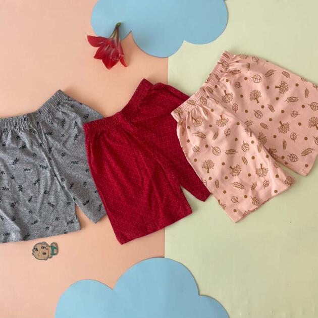 Soft & Comfy Baby Shorts – Unisex (Pack Of 3) - Grey, Red and Pink