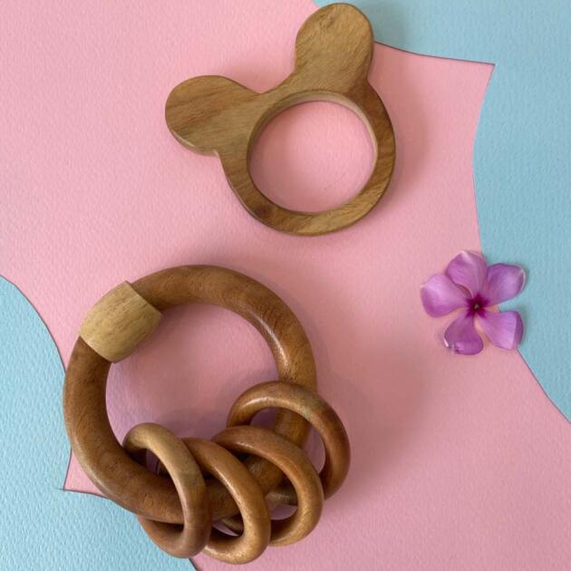 Natural Wooden Teether Set – Bear & Rattle Rings - Pack Of 2
