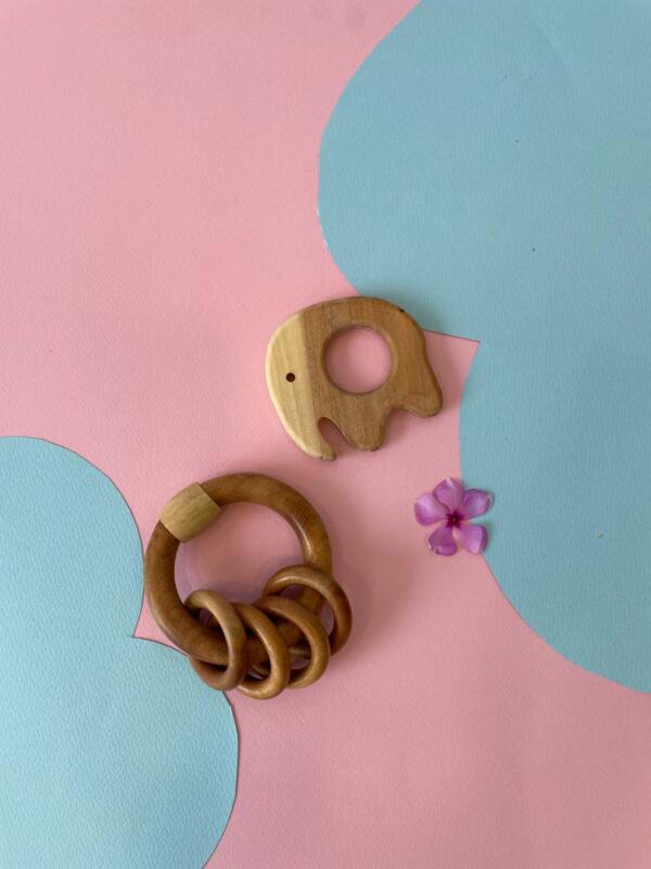 Natural Wooden Teether Set – Elephant & Rattle Rings - Pack Of 2 - Image 2
