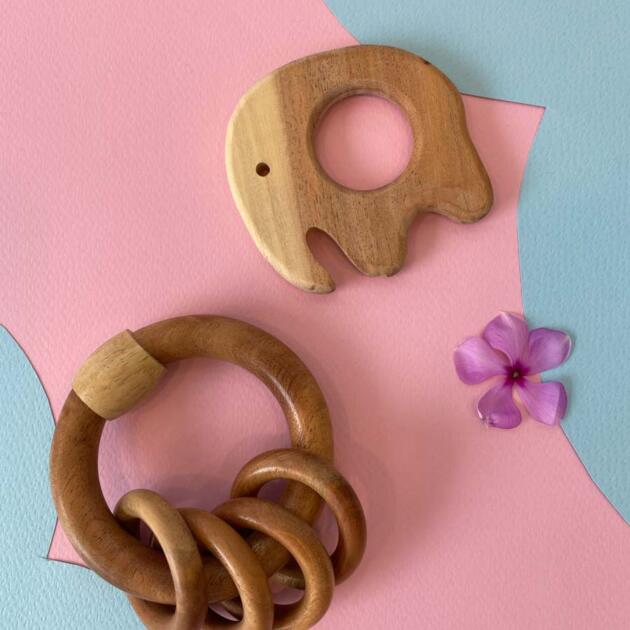Natural Wooden Teether Set – Elephant & Rattle Rings - Pack Of 2