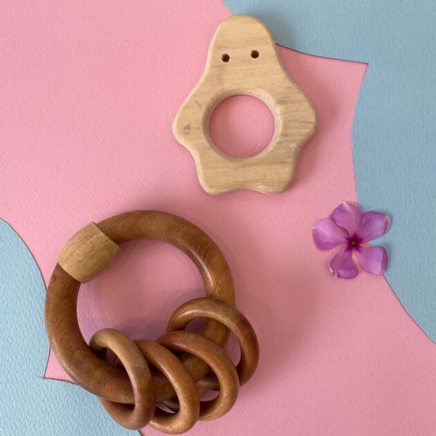 Natural Wooden Teether Set – Star & Rattle Rings - Pack Of 2