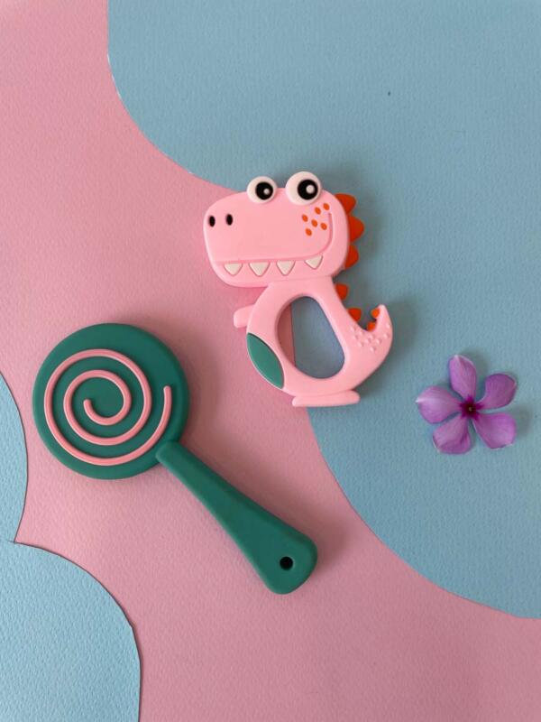 Dinosaur And Candy Shpe Silicone Baby Teether - Pack Of 2