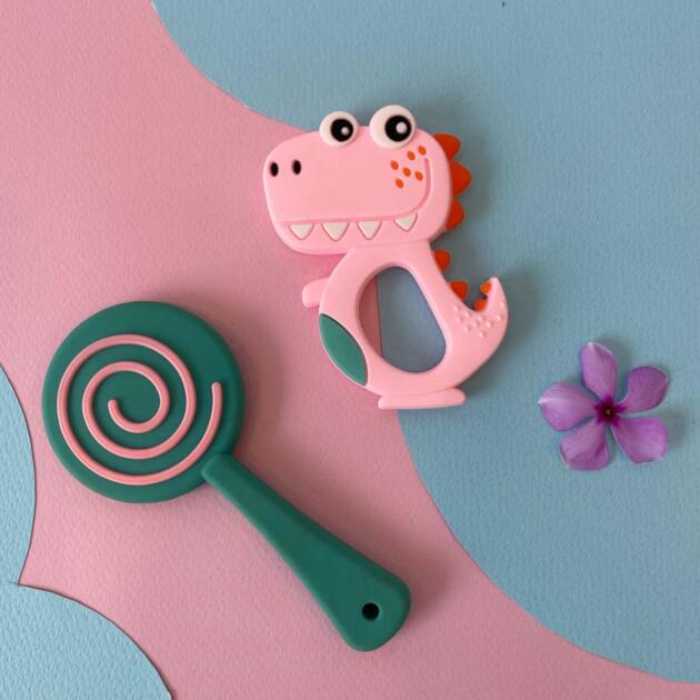 Dinosaur And Candy Shpe Silicone Baby Teether - Pack Of 2