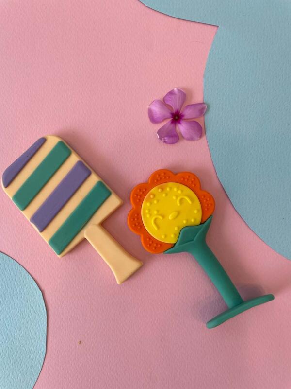 Flower & Ice Cream Stick Design Silicone Baby Teethers - Pack Of 2