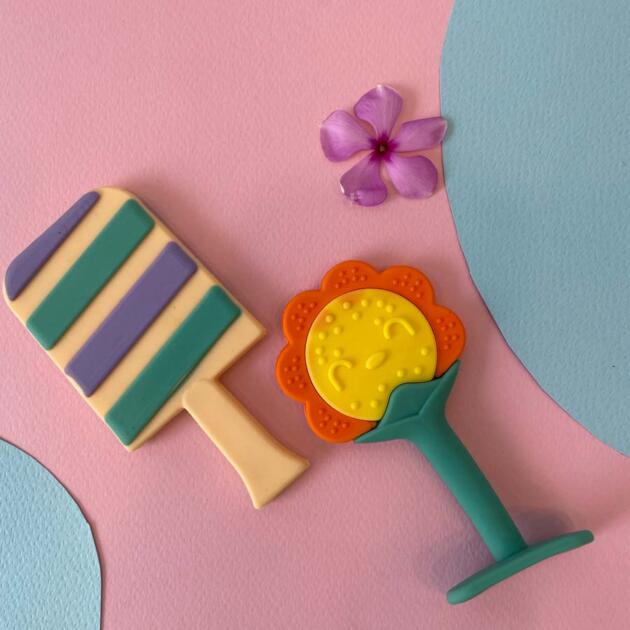 Flower & Ice Cream Stick Design Silicone Baby Teethers - Pack Of 2